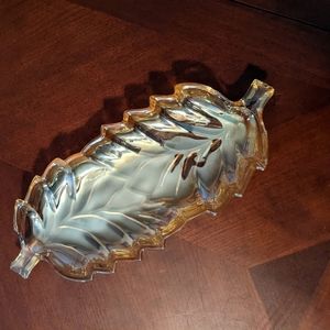 Vintage amber carnival glass leaf dish